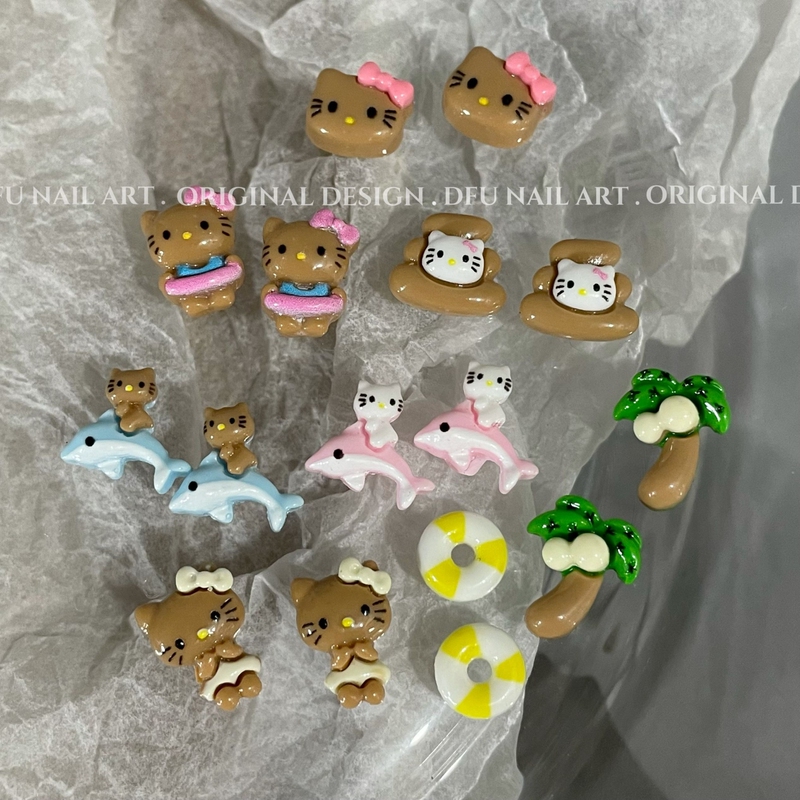 Hawaiian Black Leather Kitty Cat Nail Art Accessories Coconut Tree Swimming Ring Dolphin Internet Celebrity Wearable Nail Accessories Tools