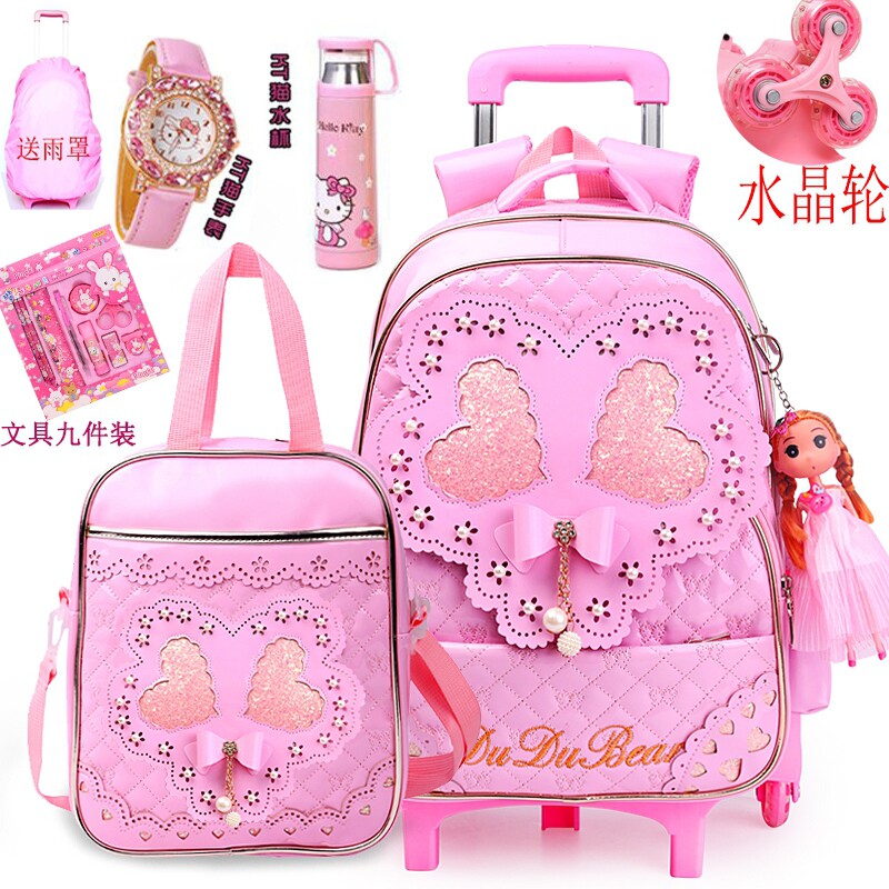 Waterproof PU leather Child pull-on bag 6-12-year-old girl Primary school pupil 1-6 Detachable shoulder bag delivered rain cover
