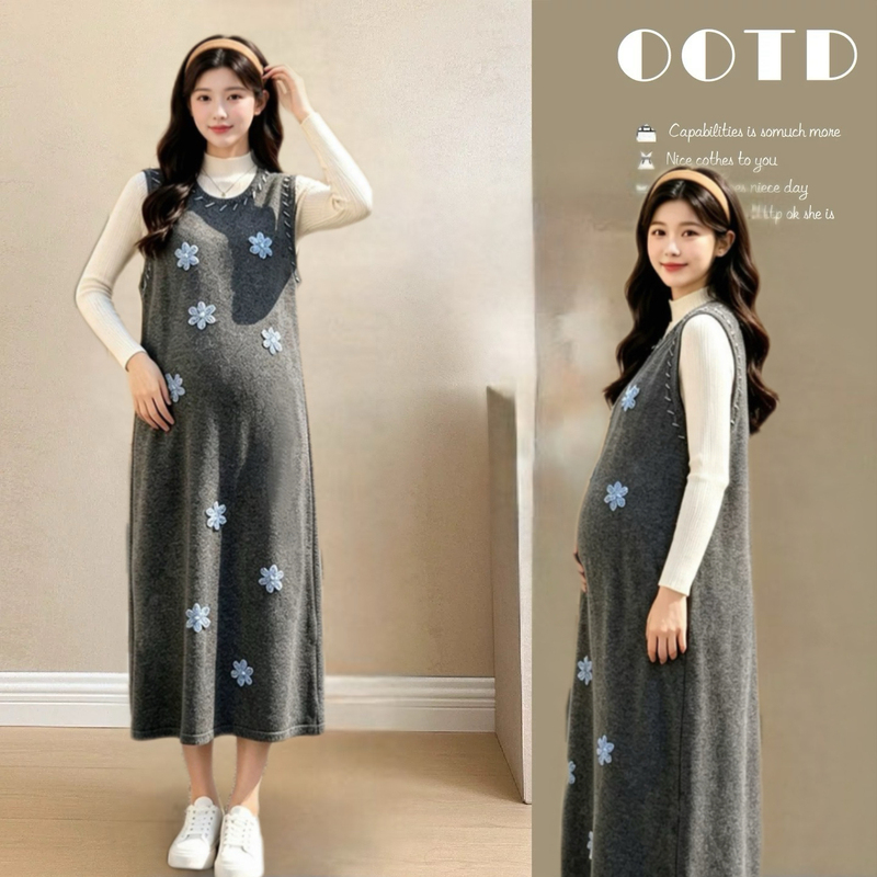 Maternity Dress for Autumn, Conceals Belly Without Showing Pregnancy, Three-Dimensional Embroidered Tank Dress, Round Neck, Visible Stitching, Layered Maternity Two-Piece Set Maternity Dress for Autumn, Conceals Belly Without Showing Pregnancy, Three-Dimensional Embroidered Tank Dress, Round Neck, Visible Stitching, Layered Maternity Two-Piece Set