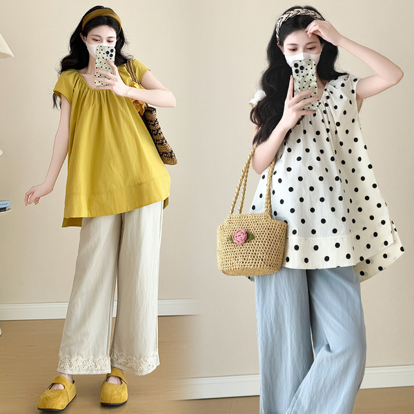 Maternity Outfit Summer 2026 New French Style Pregnancy Wear, Top to Cover Belly and Wide-Leg Pants Two-Piece Set, Thin Style — 2
