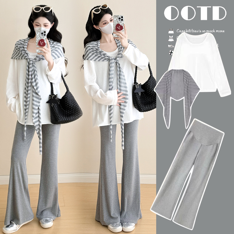Maternity Wear Spring Suit Trendy Mom Pregnancy Outfit Lazy Style Loose Long-Sleeved Top Shawl Bell-Bottom Pants Three-Piece Suit