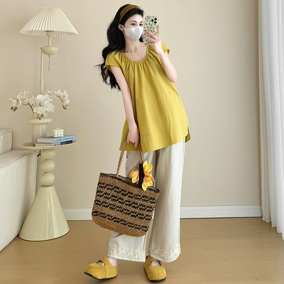 Maternity Outfit Summer 2026 New French Style Pregnancy Wear, Top to Cover Belly and Wide-Leg Pants Two-Piece Set, Thin Style — 1