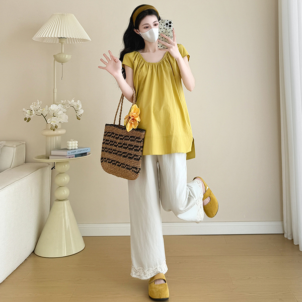 Maternity Outfit Summer 2026 New French Style Pregnancy Wear, Top to Cover Belly and Wide-Leg Pants Two-Piece Set, Thin Style — 3