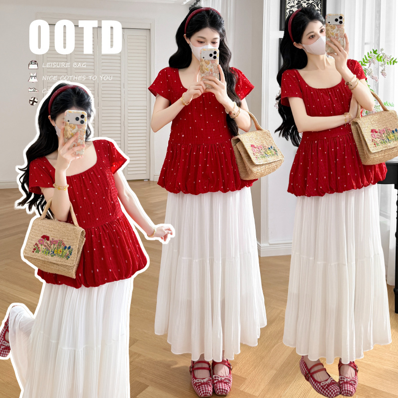 Maternity Summer Outfit 2026 New Style Red Square-Neck Polka Dot Babydoll Top and Pleated Drawstring Skirt Two-Piece Set