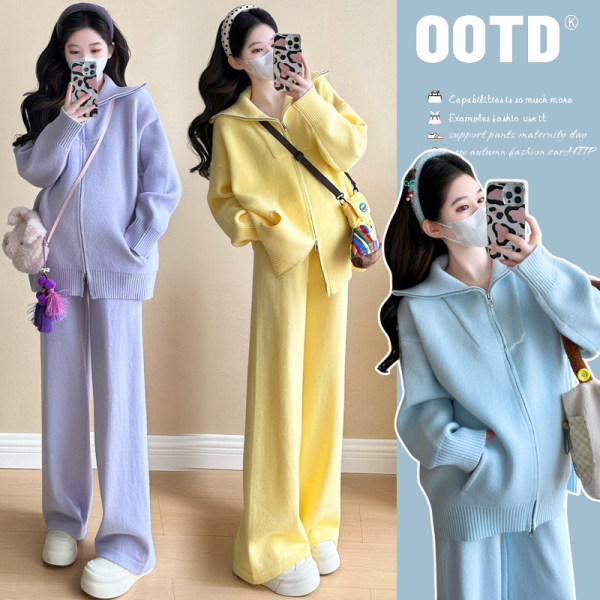 Maternity Wear Set, Autumn and Winter 2025 New Style, Large Size Thick Sweater and Wide-Leg Pants Two-Piece Set for Pregnancy Wear