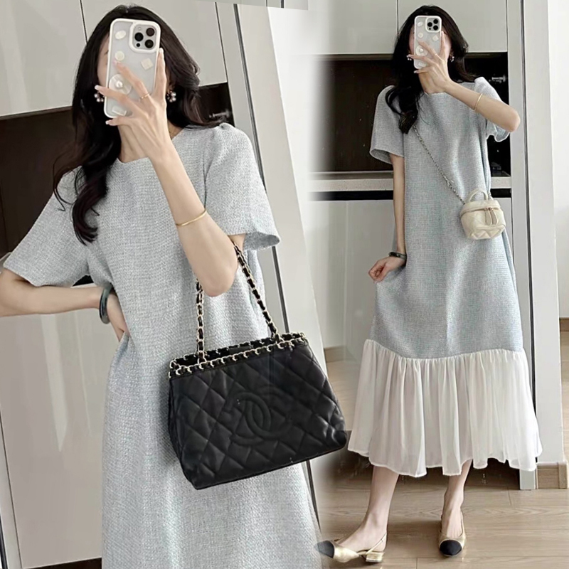 Chanel-Style Maternity Dress, Summer Outfit, Over-The-Knee, Tummy-Covering, Blue Tea Break Style, French Splicing, Fishtail Maternity Long Dress for Summer