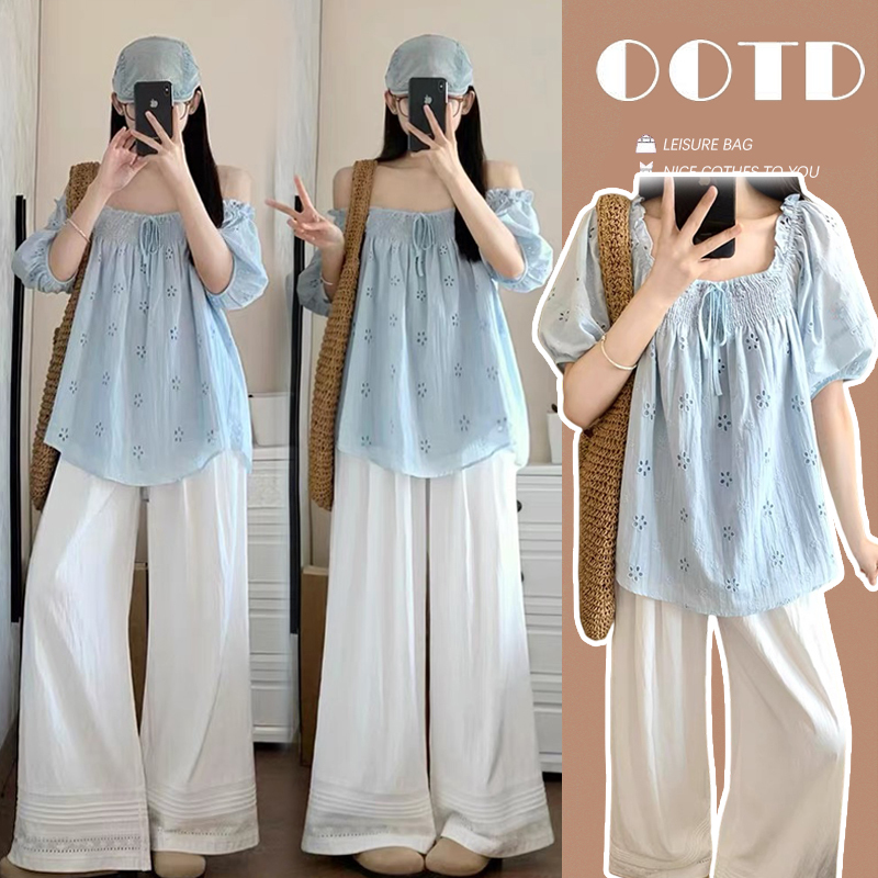Maternity Suit Summer Wear 2026 New Style Hollow Embroidery Top with Pig Nose Buttons Lace Trim Wide-Leg Pants Two-Piece Set