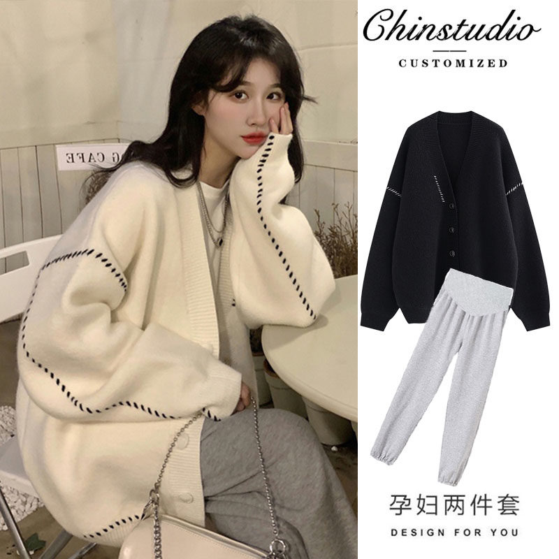 Pregnant women's spring clothing suit 2022 new spring and autumn money net red blouses loose jacket women's sweater and autumn winter style and two sets