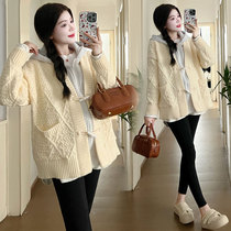 Maternity winter clothing fake two-piece thickened maternity coat casual fashionable loose knitted hooded maternity sweater autumn