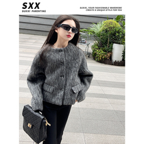 Girls autumn and winter 2023 new elegant water ripple small fragrance short coat commuter woolen coat