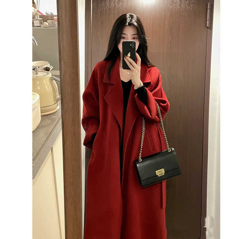 Red Handmade Double-Sided Wool Coat with a Lazy Style, Large Lapel, Loose Long Coat, Double-Sided Wool Coat for Women Red Handmade Double-Sided Wool Coat with a Lazy Style, Large Lapel, Loose Long Coat, Double-Sided Wool Coat for Women