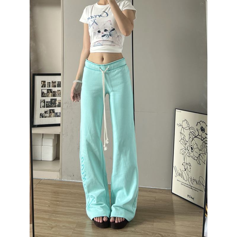 Refreshing Mint Green Flared Pants for Women 2026 New Low-Waist Drawstring Long Pants with Thorn Print Slim Fit Sweatpants Trendy Refreshing Mint Green Flared Pants for Women 2026 New Low-Waist Drawstring Long Pants with Thorn Print Slim Fit Sweatpants Trendy