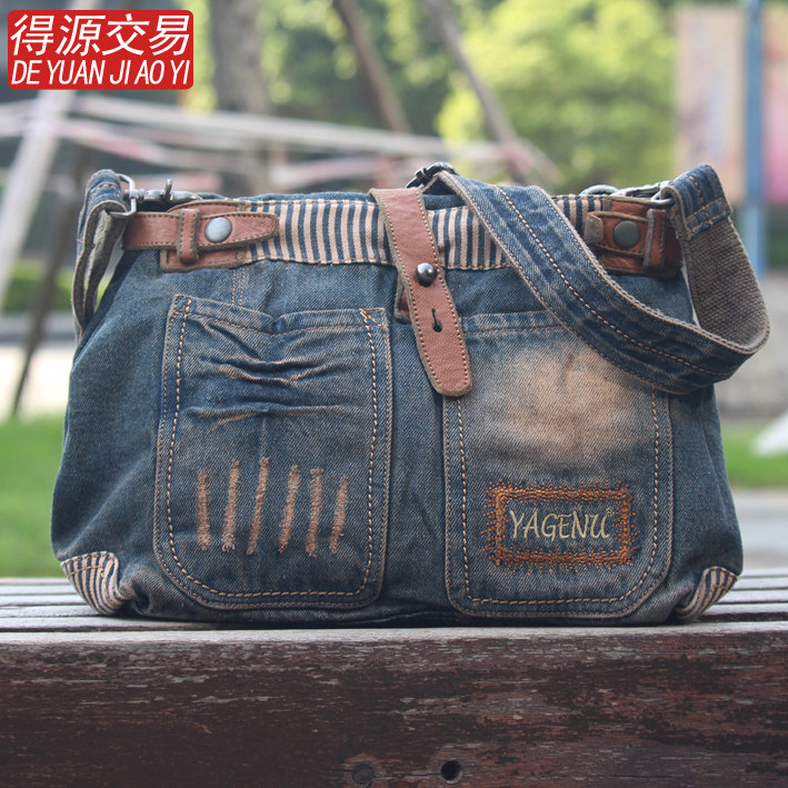 Yagnu Casual Women's Bag Wash Water Denim Bag Single Shoulder Sloped Satchel Satchel Retro Fashion Crash Color Splicing Package Han Edition Tide