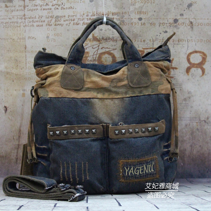 Yagnu European and American big bag retro denim Diagonal Satchel Bag Men's Bag Carry-on and Inclined Cross Rivet Casual Trend