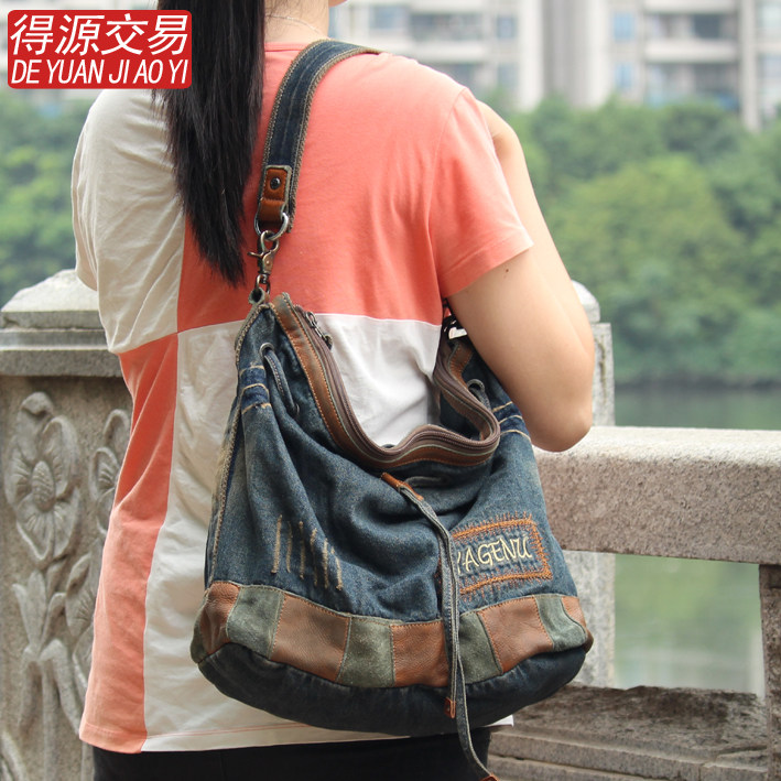 Korean Version Draw With Bucket Bag Woman Bag Denim Bag Skew Satchel Shoulder Handbag Retro Rivet Casual Hit Color Fashion Bag