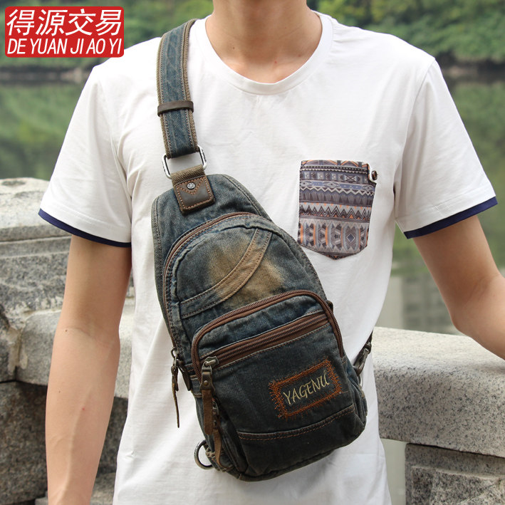 Retro casual flat bag denim chest bag male and female Korean version single shoulder inclined cross-washed multi-pocket denim fabric bag