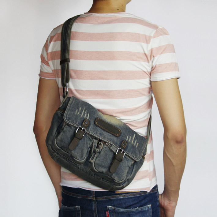 Original new Japan-ROK men and women denim men's and women's denim collection of ancient postscript packages with flat single shoulder bag dead flying sloped satchel trend