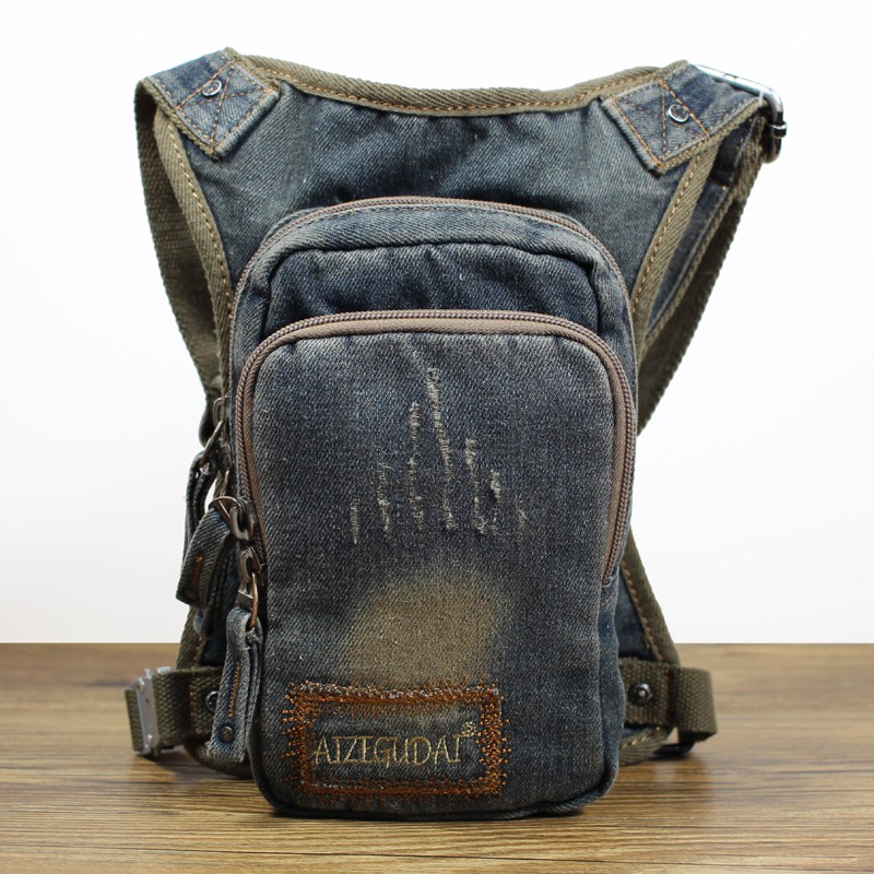 2020 New cycling locomotive tied leg pack retro denim cloth male bag multi - functional tactics outdoor sports pocket tide
