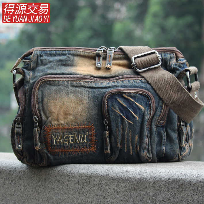 2020 New Men's Denim Bag Girl Bag Han Edition 100 Hitch Folds Wash Water Retro Casual Diagonal Satchel Shoulder Bag Tide