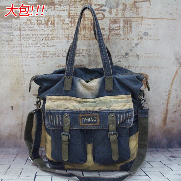 European and American fashion big bag denim bag retro male and female denim bag single shoulder bag inclined satchel handbag casual Korean version wave