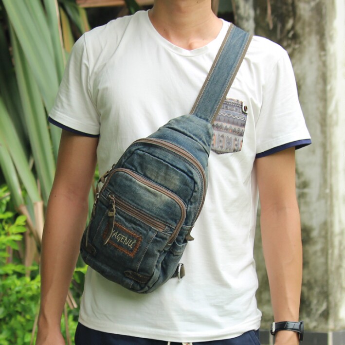 Jagnu New Men's Denim Chest Bag Han Edition Retro National Wind Skew Satchel Single Shoulder Casual Sports Women Bag Tide