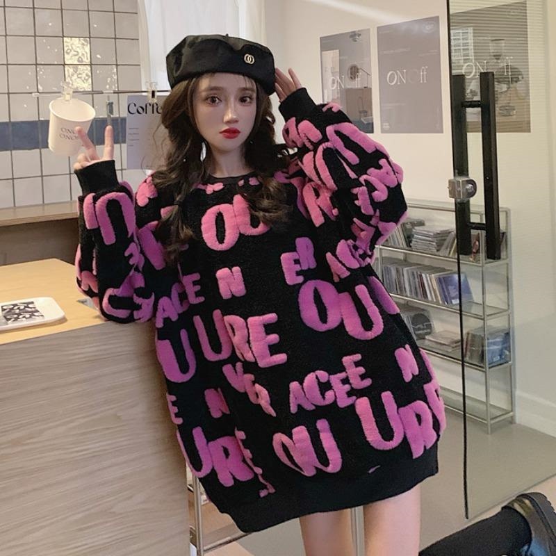 European-Style Lettered Plush Thick Pullover Sweatshirt for Women, Autumn and Winter 2026 New Loose and Lazy Niche Mid-Length Top