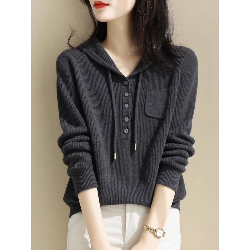 High-End Stylish Casual Versatile Hooded Sweatshirt Knit Top for Women, New Autumn and Winter Slimming and Age-Reducing Base Sweater High-End Stylish Casual Versatile Hooded Sweatshirt Knit Top for Women, New Autumn and Winter Slimming and Age-Reducing Base Sweater