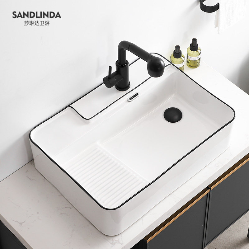 Ceramic laundry basin with washboard table basin wash basin single basin side sewage balcony laundry pool home basin