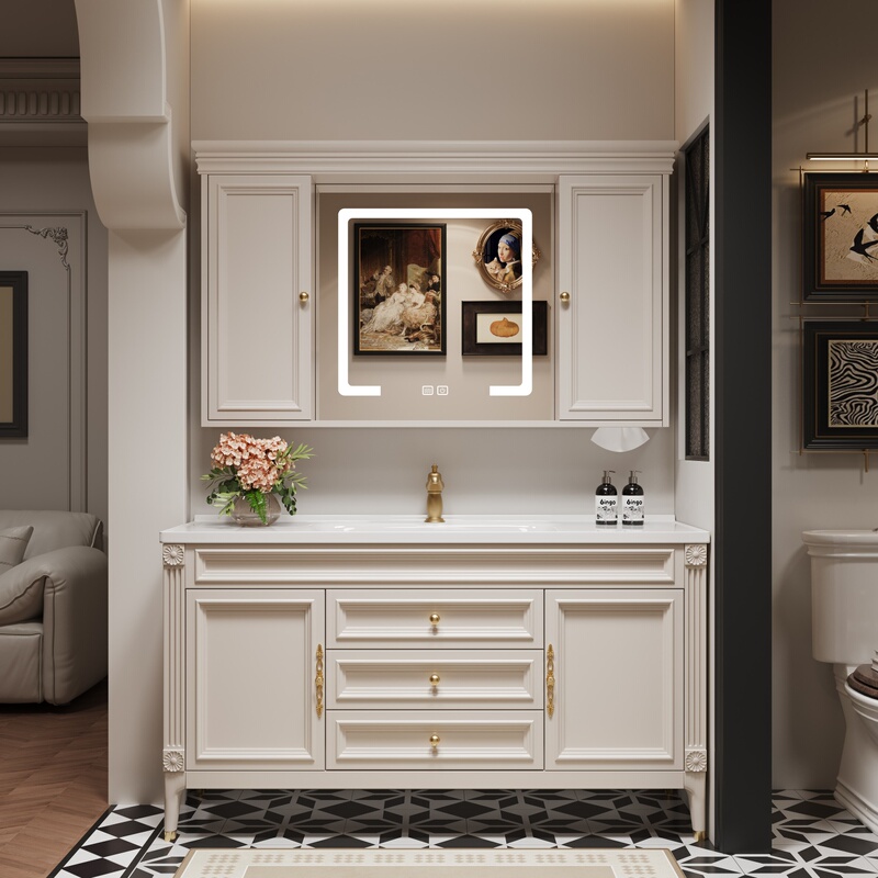 Floor-Standing American-Style Ceramic Integrated Basin Smart Feng Shui Mirror Bathroom Cabinet Set with Solid Wood French Retro Washbasin