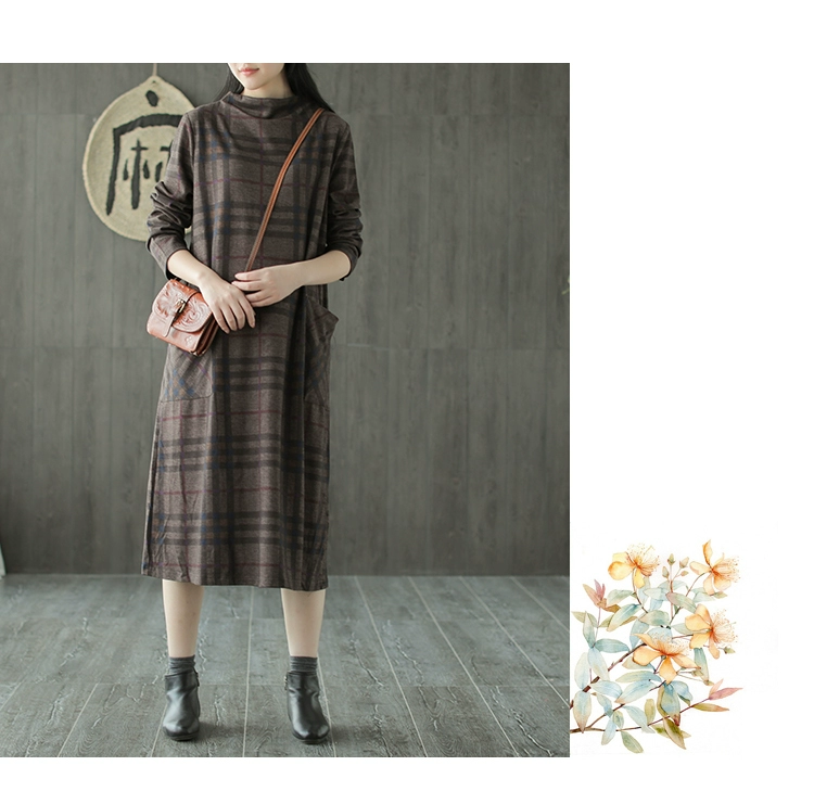 Sản phẩm tai nhỏ 2018 thu đông đảo mới kẻ sọc cotton nhỏ cổ cao tay áo dài đầm retro nữ
