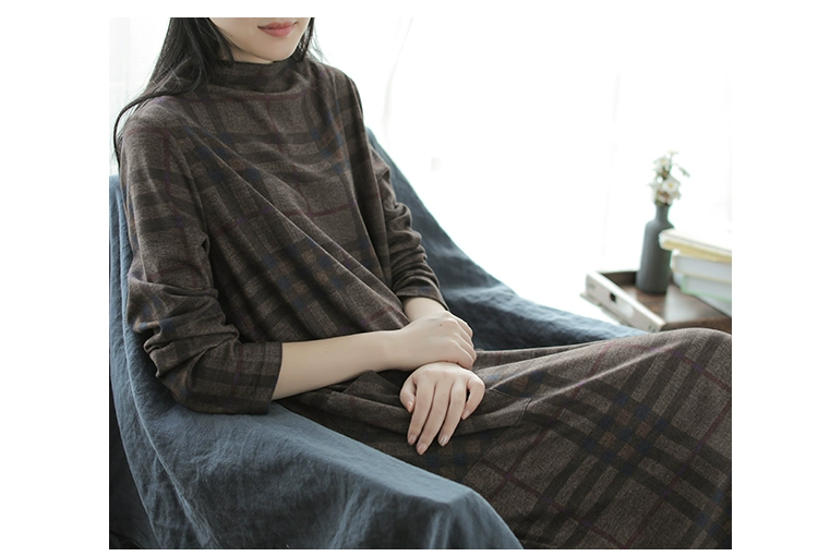 Sản phẩm tai nhỏ 2018 thu đông đảo mới kẻ sọc cotton nhỏ cổ cao tay áo dài đầm retro nữ