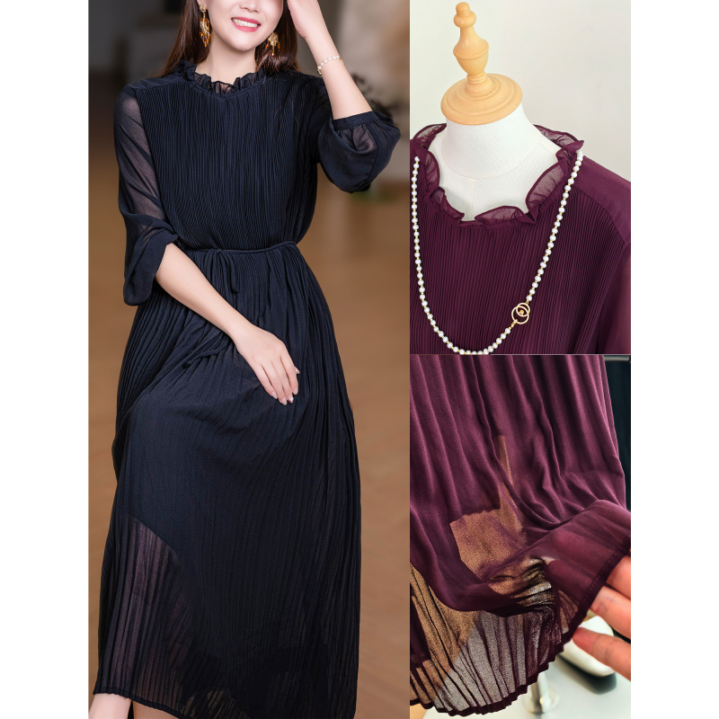 Produced by Xiaoer! Fine Gradient Pleats/Earruffle Lace/Pinch Pleats Long-Sleeve Loose Chiffon Dress