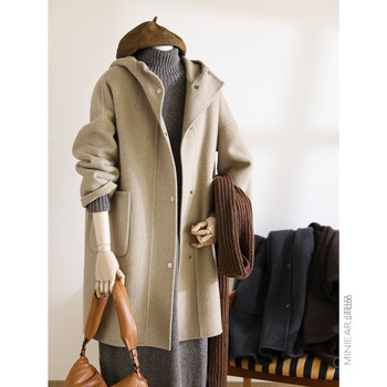 Small ears medium-length woolen jacket
