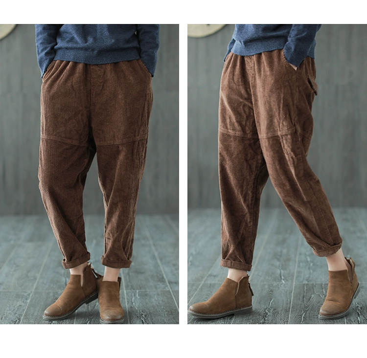 Sản phẩm tai nhỏ 2018 mùa thu mới của phụ nữ cotton khâu nhung kẻ sọc quần harem thun thun rộng chân quần nữ