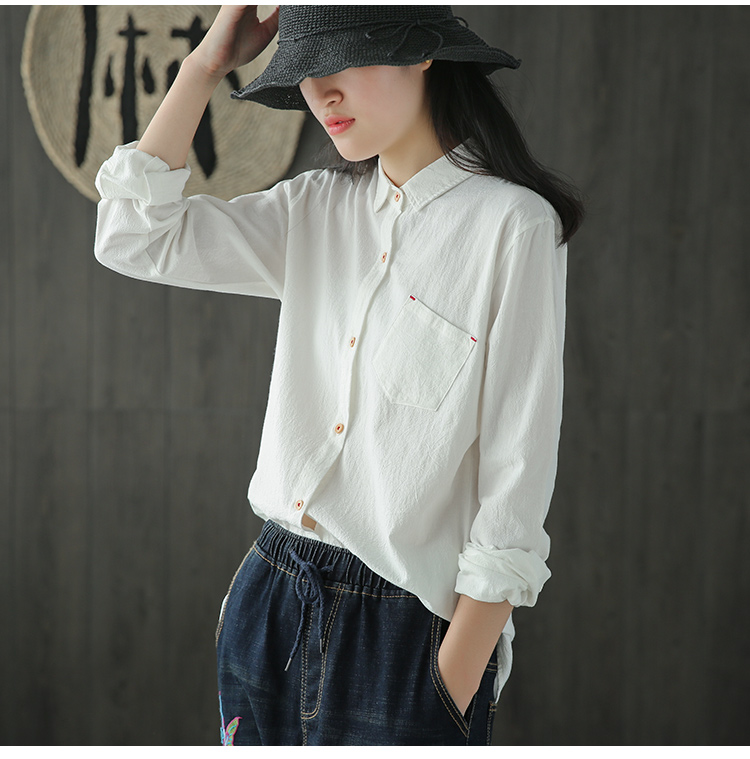Tai nhỏ sản xuất áo sơ mi retro màu đen hoang dã mùa xuân và mùa thu cotton và áo sơ mi vải lanh dài tay áo sơ mi nữ giản dị áo sơ mi nữ dài tay cá tính