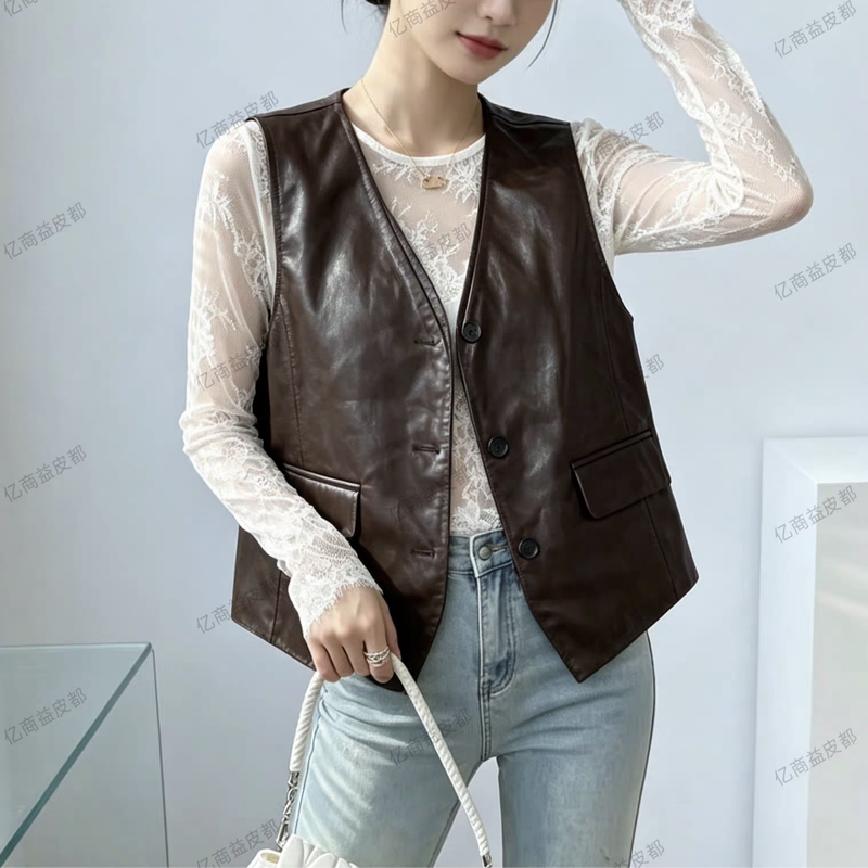Women's 2026 New Style Genuine Leather V-Neck Three-Button Black Double-Breasted Loose-Fitting Leather Vest That Enhances Height Women's 2026 New Style Genuine Leather V-Neck Three-Button Black Double-Breasted Loose-Fitting Leather Vest That Enhances Height