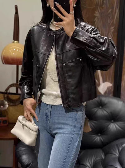 European sheepskin oil wax leather leather jacket for women 2025 autumn new stand-up collar casual motorcycle jacket short coat