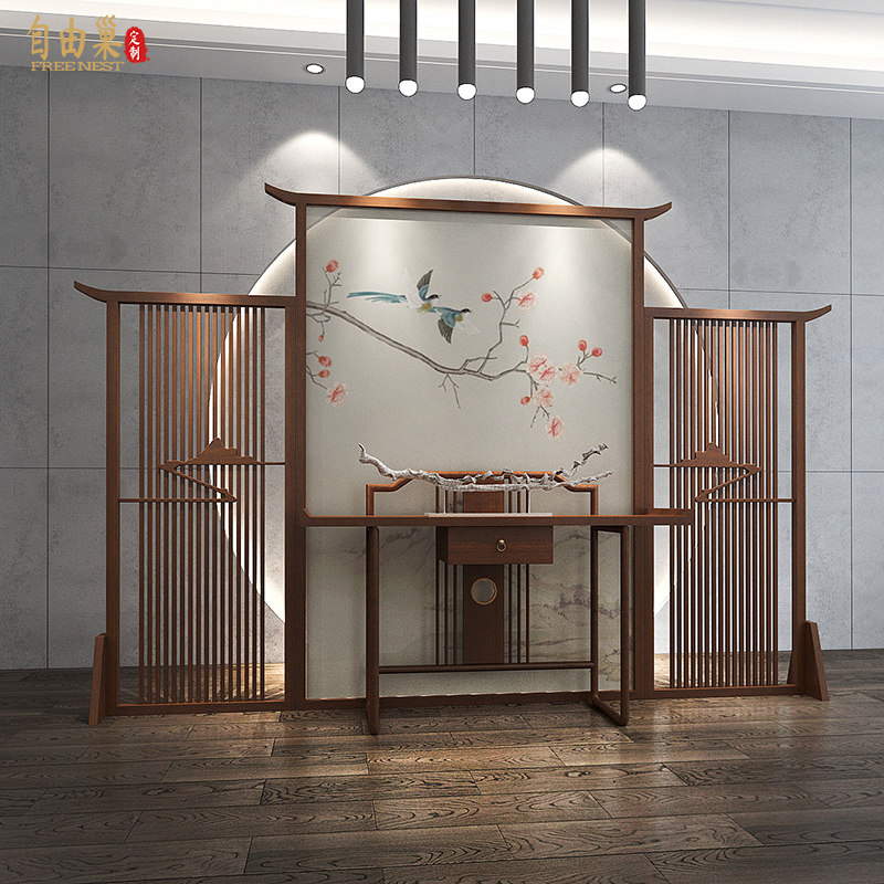 New Chinese style hollow solid wood screen partition living room hotel sales department model room villa background mobile large screen