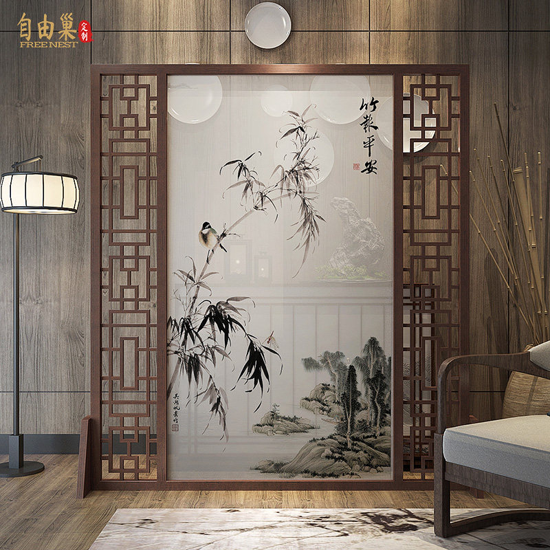 New Chinese fence screen partition living room entrance villa solid wood custom hollow hotel bamboo grille large seat screen
