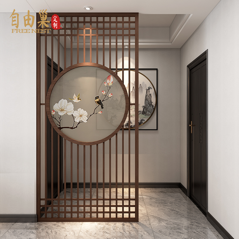 New Chinese-style solid wood fence cut-out screen office staircase decoration partition living room entrance background wall seat screen