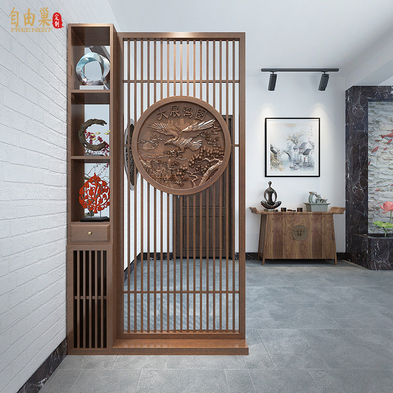 New Chinese style carved hollow screen partition shelf entry porch living room classical lattice small apartment partition wall