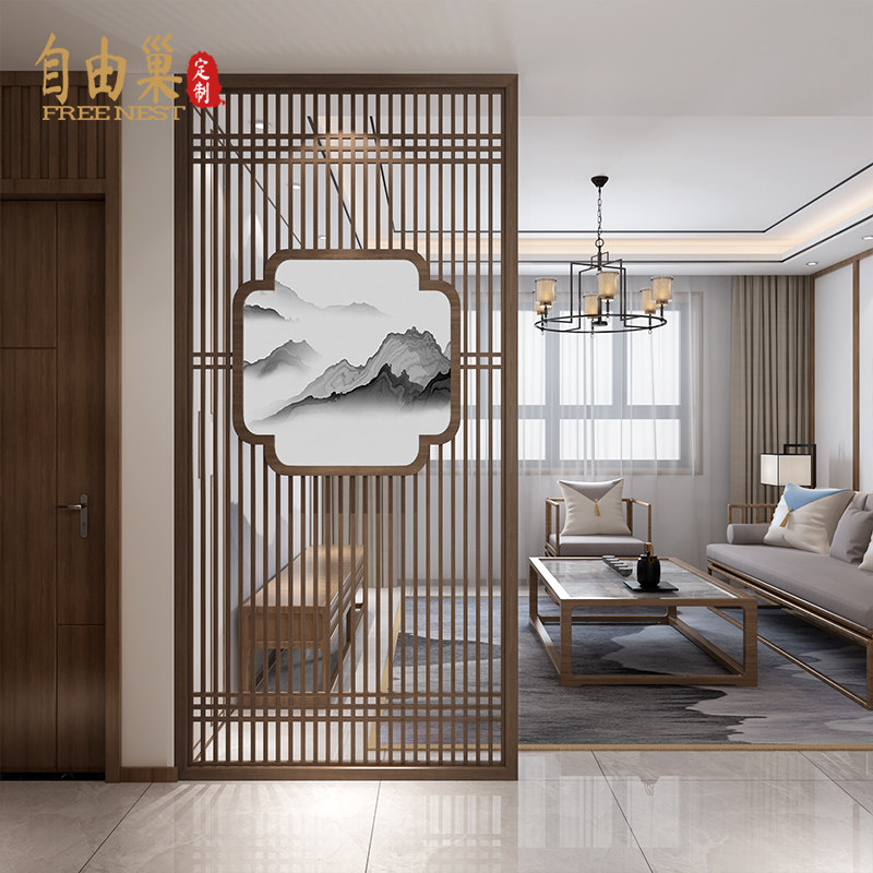 New Chinese Solid Wood Fence Mountain Screen Living Room Tea Room Secret Access to the Downtown Background Wall Plate Screen