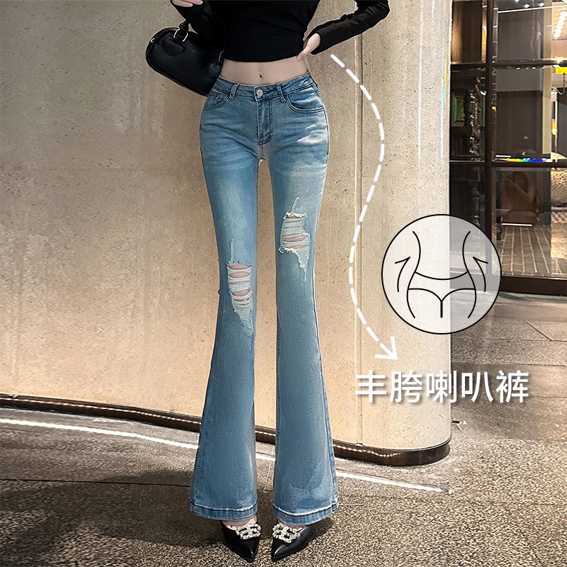Self-Supporting Hip Pads, New Summer Style, Elastic Low-Waist, Ripped, Washed, Faded, Slightly Flared Jeans, Long Pants for Tall Women