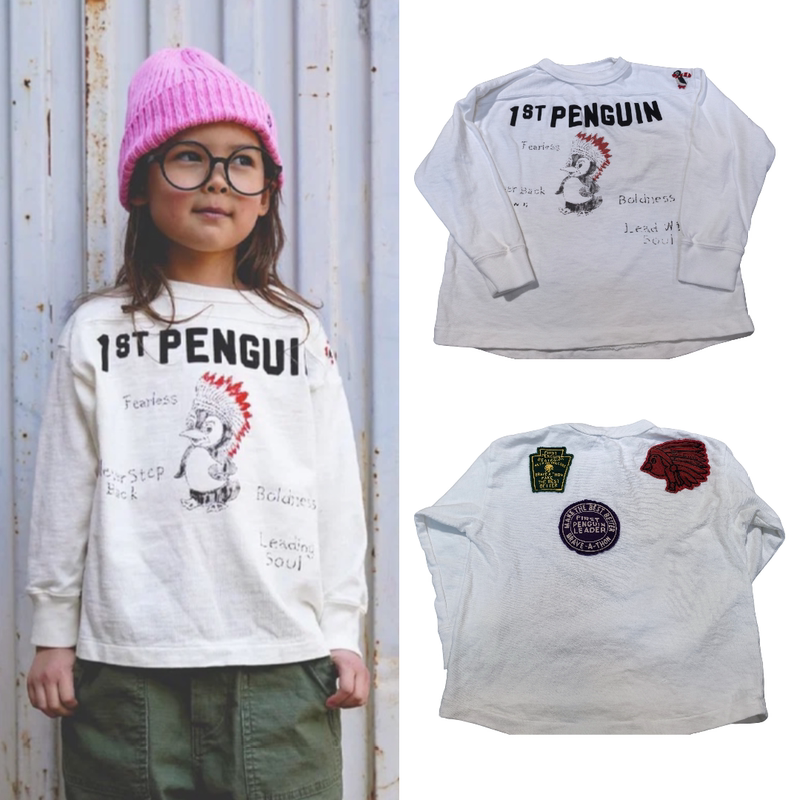 Original In-Stock Indian Penguin Large Logo Long-Sleeve T-Shirt, Unisex Children's Pure Cotton Pullover, Japanese High-End Children's Clothing