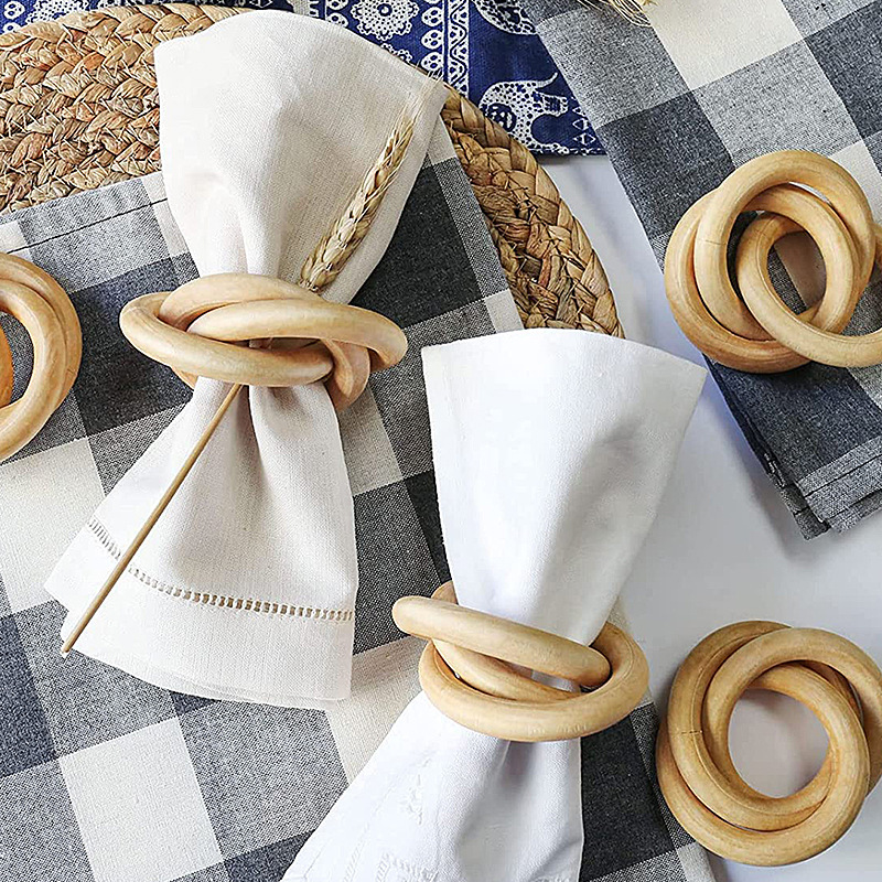 12 Pack Natural Wooden Napkin Rings Wooden Three-Ring Napkin Rings