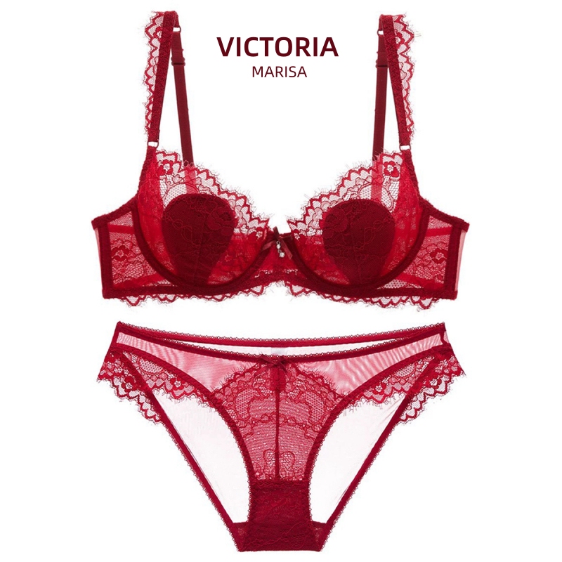 Victoria Marisa Red Zodiac Year Sexy Large Bust Minimizing Bra Set Lace Lingerie Women Ultra-Thin