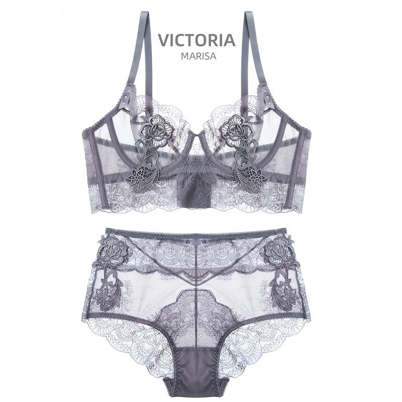 Victoria Marisa French-Style Sexy Lace Mesh Ultra-Thin See-Through Bra Set Push-Up Underwear Without Padding