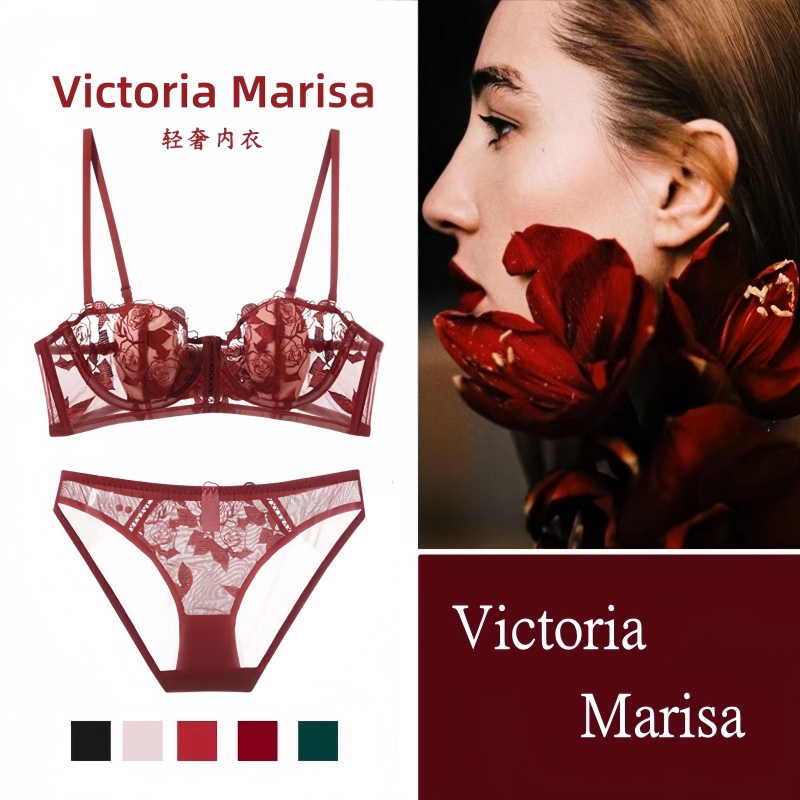 Victoria Marisa Red Zodiac Year French-Style Sexy Lace Lingerie Set for Women with Large Busts That Makes Them Appear Smaller