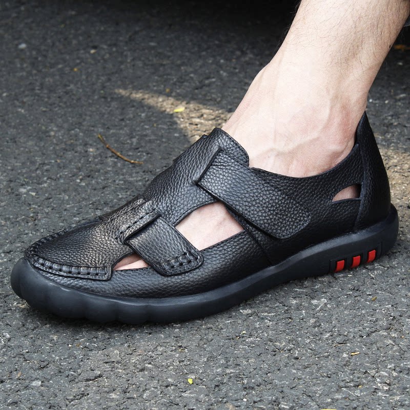 Leather men's sandals top layer cowhide soft surface soft bottom hollow business casual sandals summer hole shoes Baotou shoes