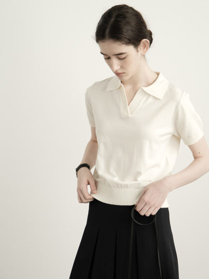 LINHUOES复古白色polo衫短袖针织衫夏百搭通勤休闲毛衣t恤上衣女